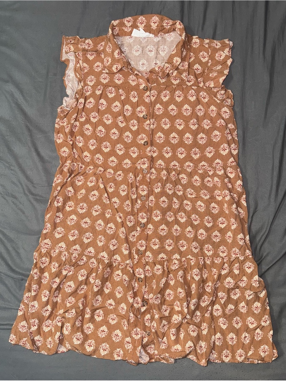 Lucky Brand Brown/White Floral Shirt Dress Button Front Ruffle Sleeve Rayon M